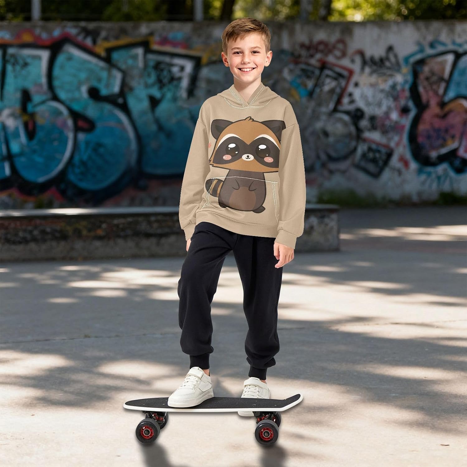 ZZXXB Cartoon Raccoon Kids Sweatshirts Boys Girls Hooded Kangaroo Pocket Pullover Tops XS-XXL