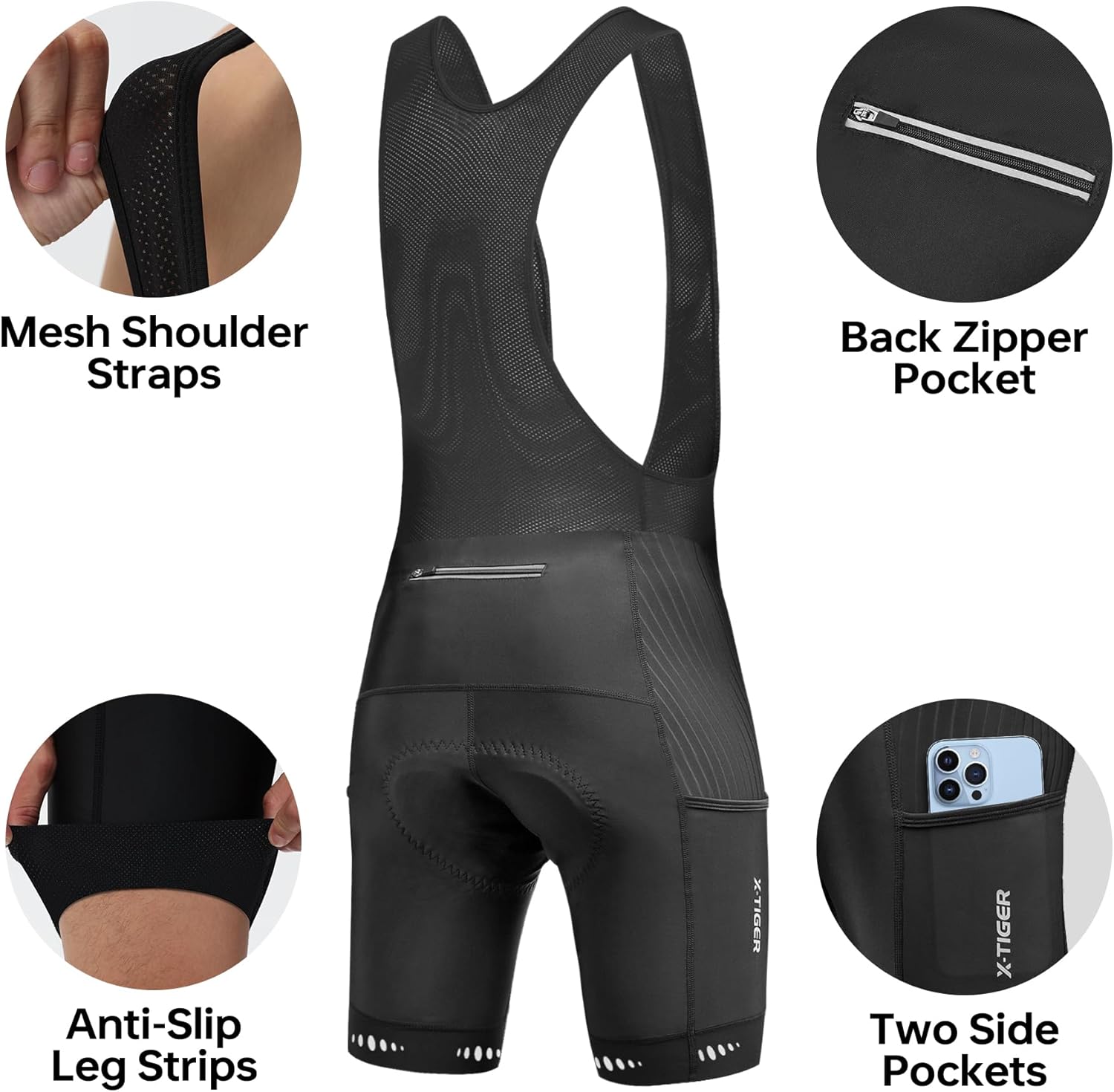 X-TIGER Men's 5D Padded Cycling Bib Shorts Breathable Bike Bibs with 3 Pockets for MTB Biking Bicycle Bib Short Tights
