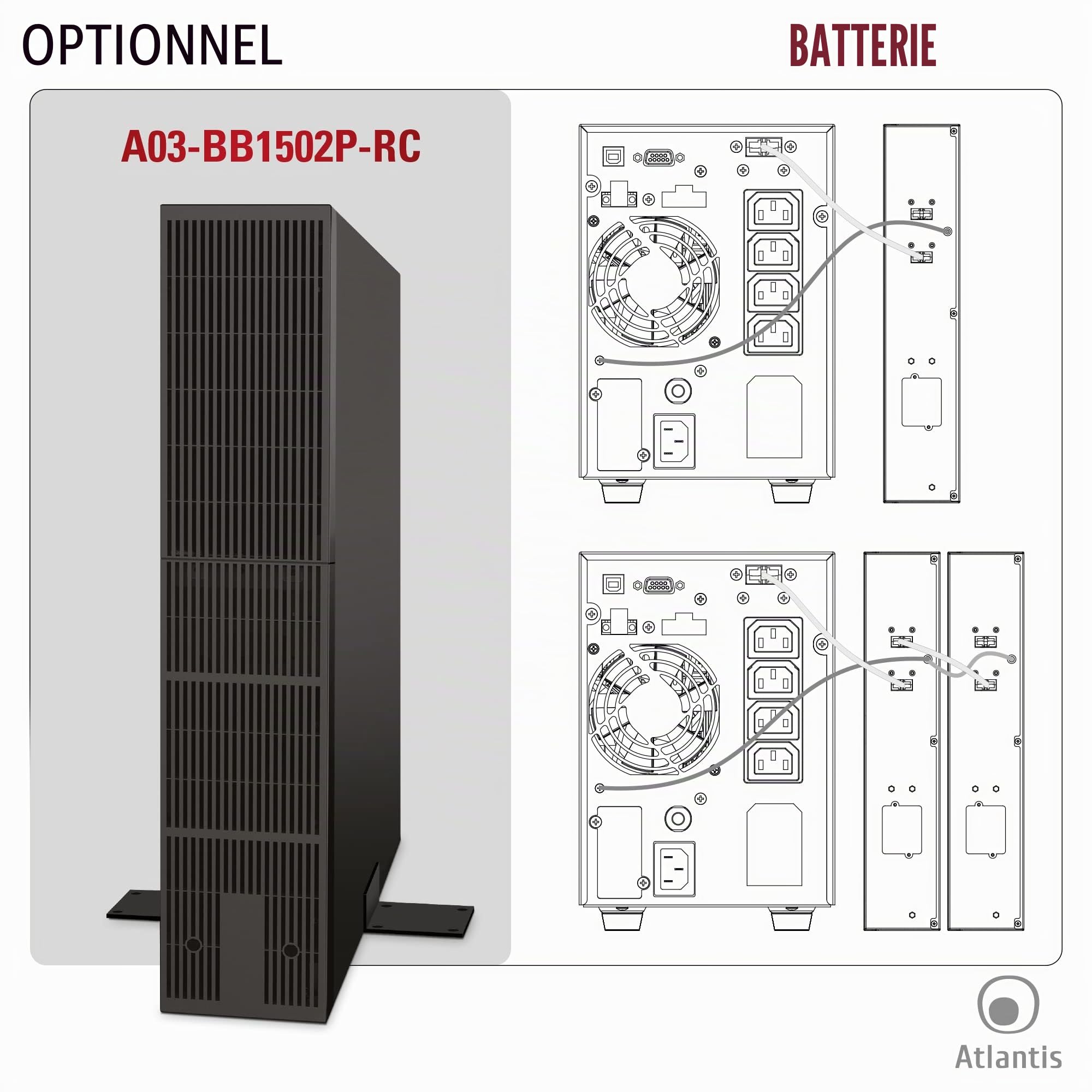 Atlantis A03-OP1502P Pro Onduleur (UPS) Online Double Conversion et Pure sinusoïde avec Une Puissance de 1500VA 1350W, Tour, écran LCD, USB, RS-232 série, 4 Sorties IEC, Slot SNMP, 3x12V-9Ah
