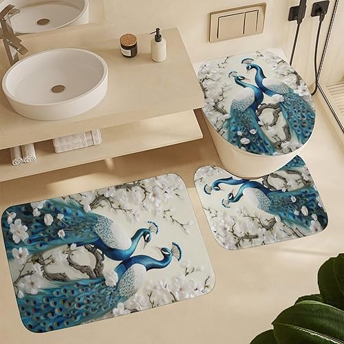 Miniatura 6 de Juego de 4 cortinas de ducha retro con diseño de pavo real, hermoso animal con flores blancas, juego de decoración de baño con alfombras, juego de