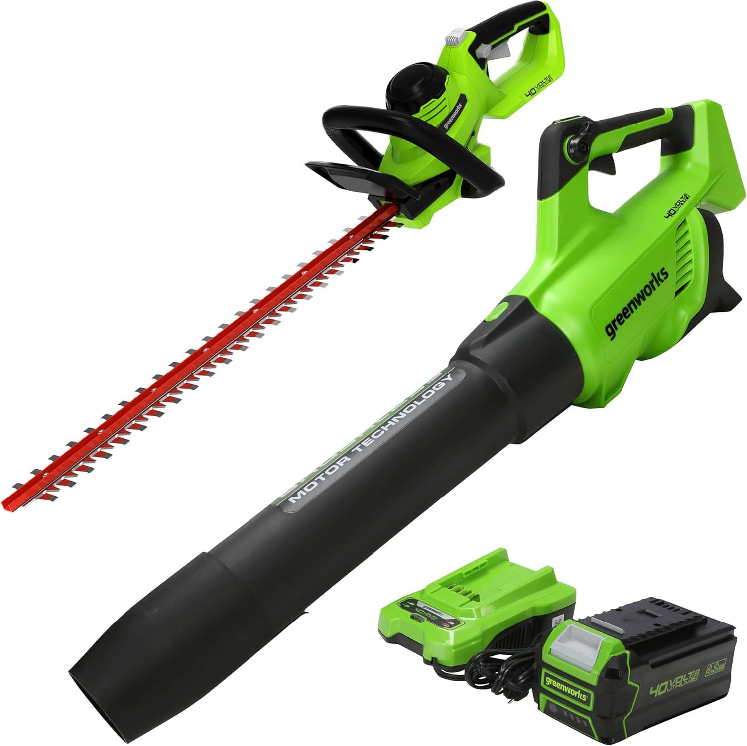 Greenworks 40V (550 CFM / 130 MPH) Brushless Axial Leaf Blower 4Ah USB Battery and Charger with 40V Hedge Trimmer