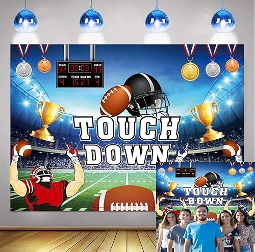 Miniatura 1 de Football Party Backdrop Touch Down Sports Match Medal Trophy Football Field Photography Background Kids Adults Boys Football Sports Themed Birthday