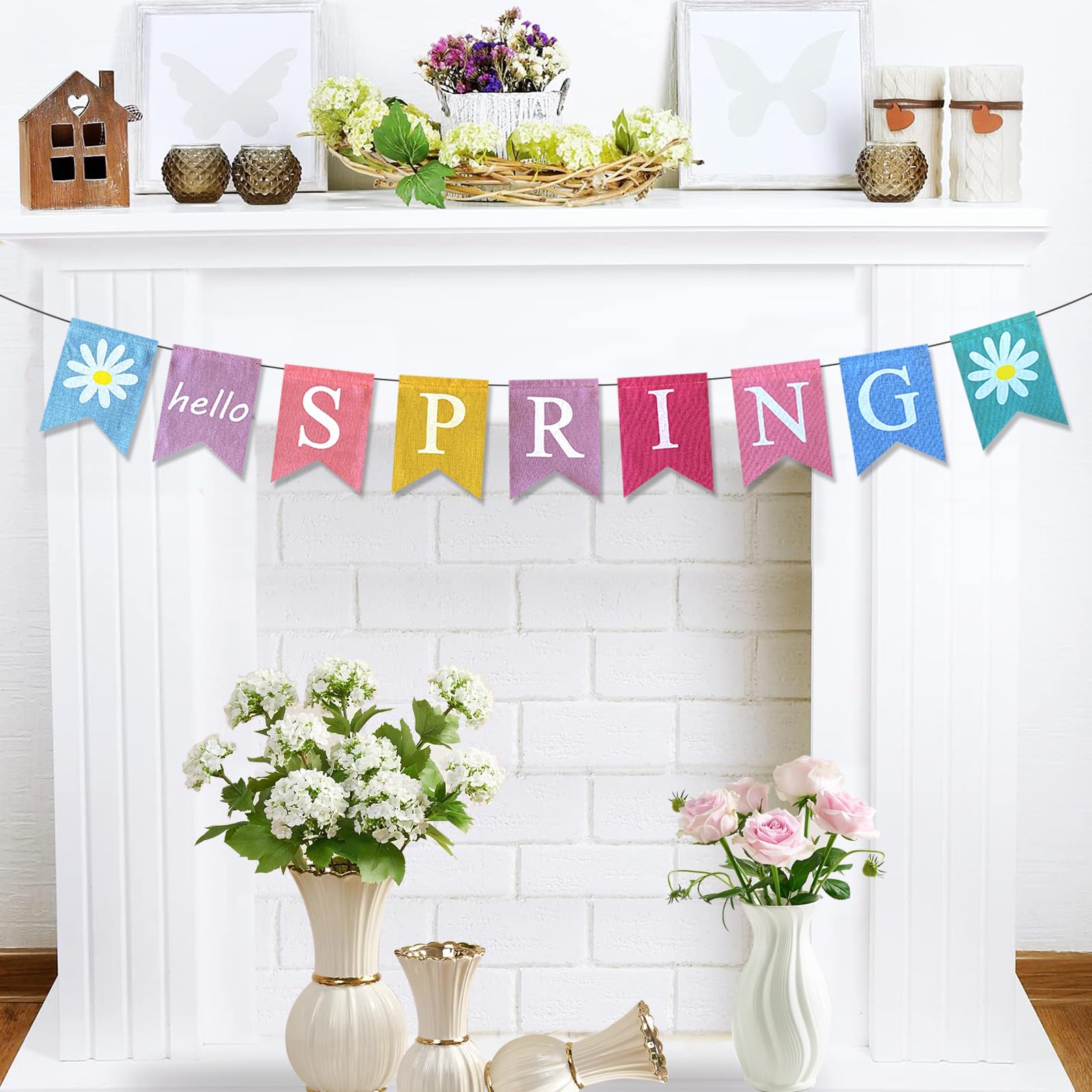 DONCIDAY Hello Spring Banner,Pre-assembled Burlap Happy Easter Decorations Welcome Spring Mantle Felt Garland Colorful Party Supplies for Classroom
