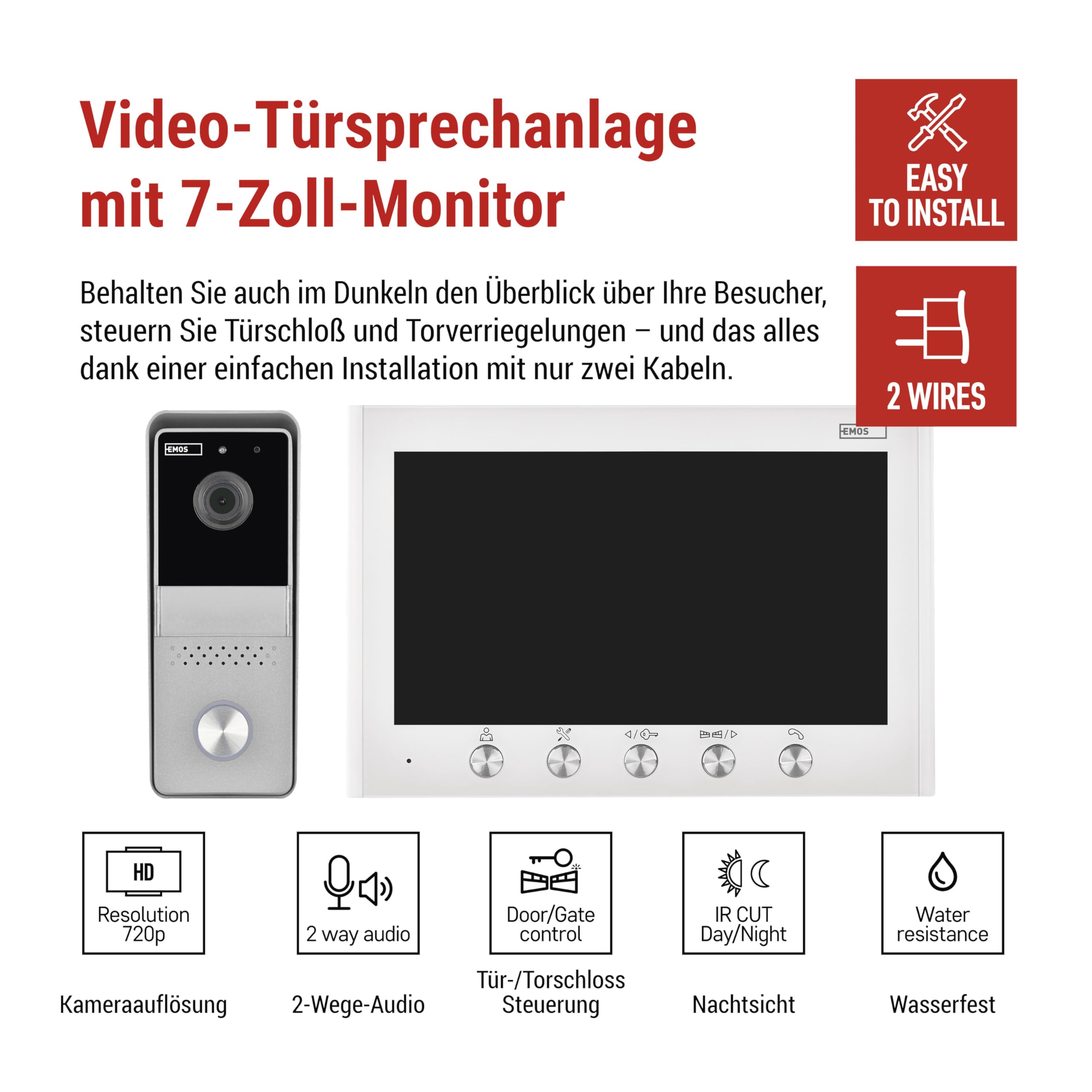 EMOS - Video-Türsprechanlage, 2-Draht-Ausführung - 720p HD Video-Türklingel - wasserdichte Kamera mit Nachtsicht, Monitor mit 7'' Farbdisplay - einfache Drahtinstallation inkl. Netzteil - weiß/silbern