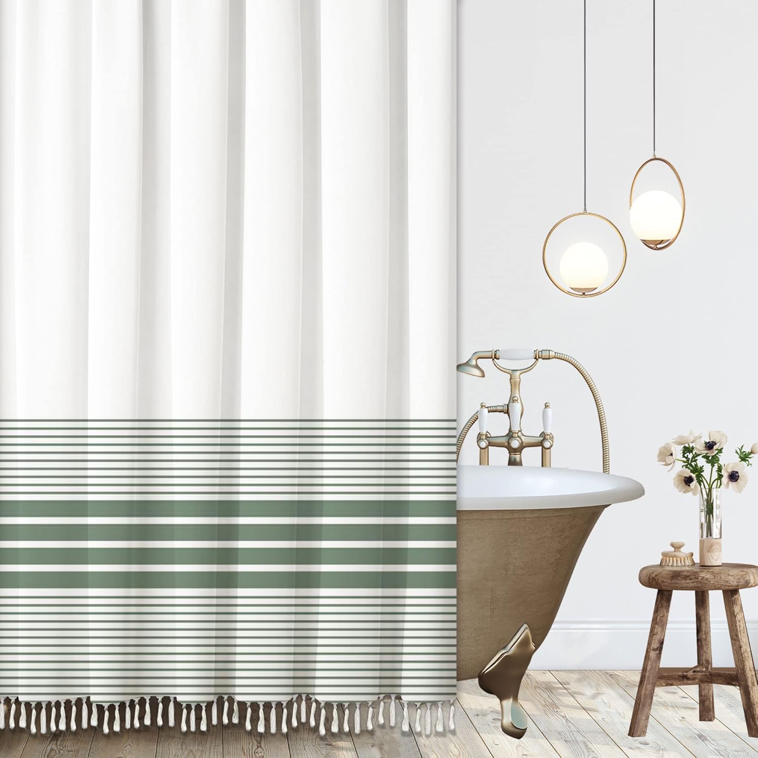 GiuMsi 72"X72" Sage Green Stripe Shower Curtain with Boho