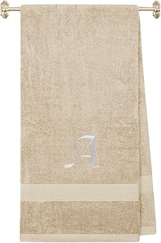 BY LORA Embroidered Terry Cotton Bath Towel for Bath, Shower - Personalized Gift - Cover up Towel for Swimming Pool, and Bath - 35 x 65 inches - Beige Color Towel - Silver Script Initial A