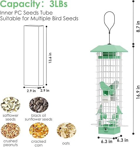 Miniatura 4 de Comedero para pájaros a prueba de ardillas comedero de metal para pájaros silvestres para colgar en el exterior con 4 perchas a prueba de ardillas