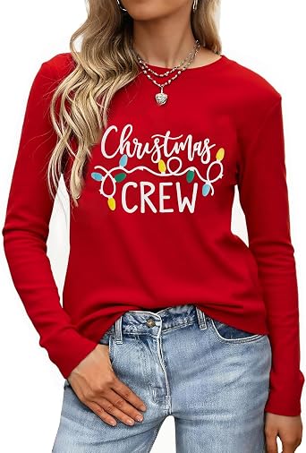 Women Christmas Shirts Long Sleeve Holiday Pullover Tops Merry Christmas Graphic Xmas Gift T-Shirt