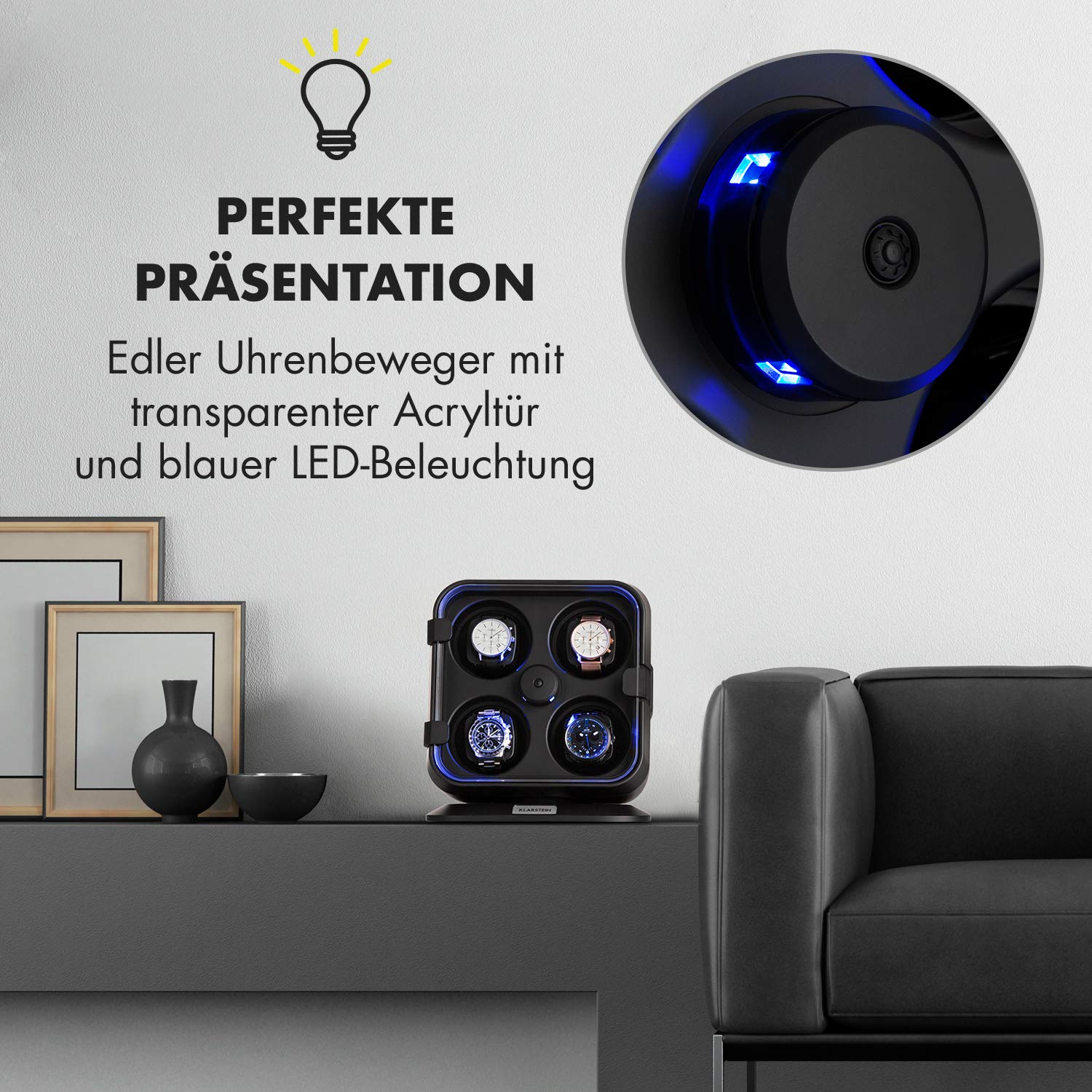 Klarstein Uhrenbeweger für 4 Uhren, Automatik für Damen & Herren, für Automatikuhren, Leiser Automatischer, Watch Winder Mit LED-Beleuchtung, 3 Rotationen