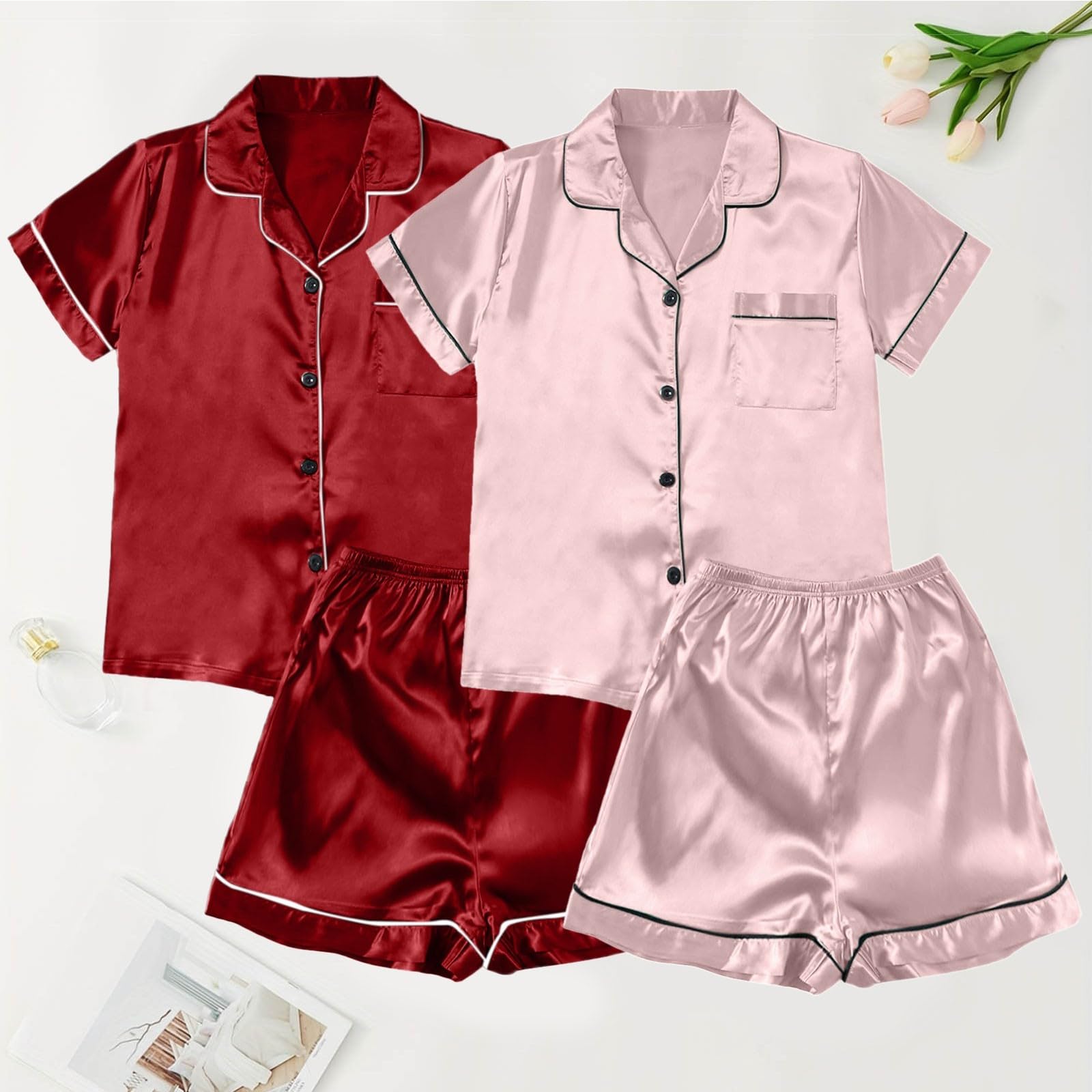 2ST Pyjamas für Damen, Set Damen-Pyjamas, Übergrößen-Pyjamas für Damen, lässige Pyjamas, Damen-Spitzenträger, Shorts, Heimkleidung