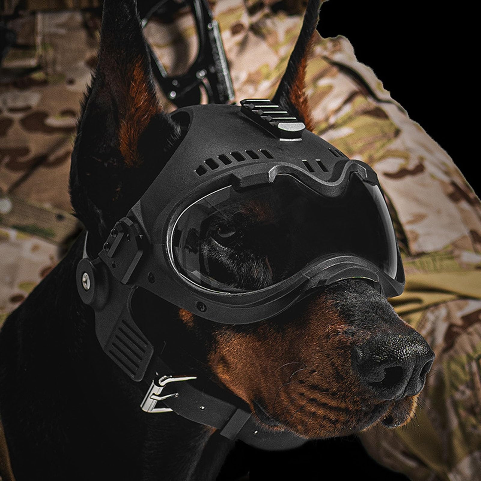 Tactical-Style K9 Dog Helmet with Goggles, Removable Earmuffs, Clear/Tinted Lenses, Picatinny Rail, Ventilated Shell for Working Dogs & Outdoor Training(Black) : Sports & Outdoors