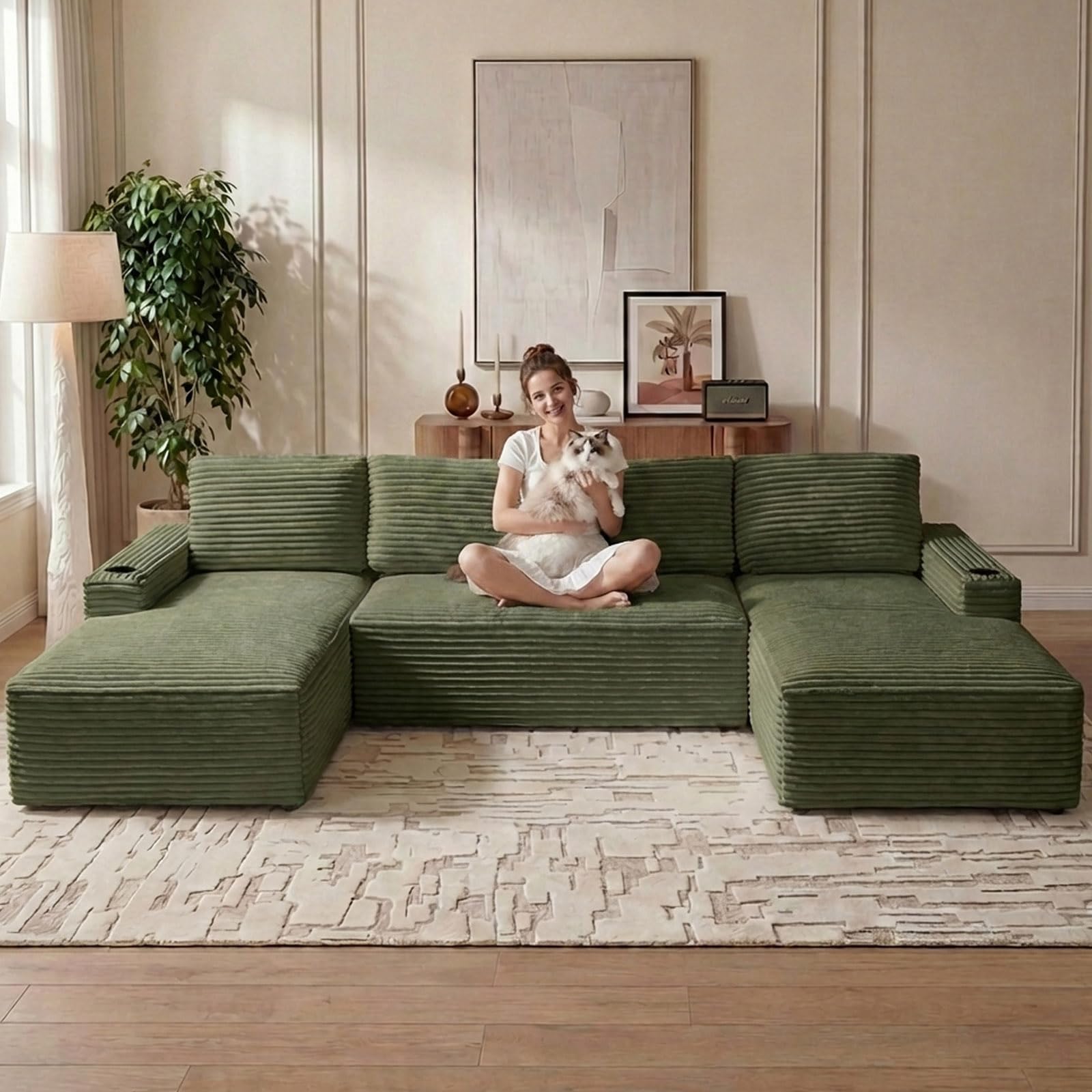133" U-Shape Cloud Couch, Modern Modular Sectional U-Shape Sofa, Corduroy Boneless Couch Upholstered Couches Deep Seat Sleeper Chaise Longue for Living Room, No Assembly Required,Green