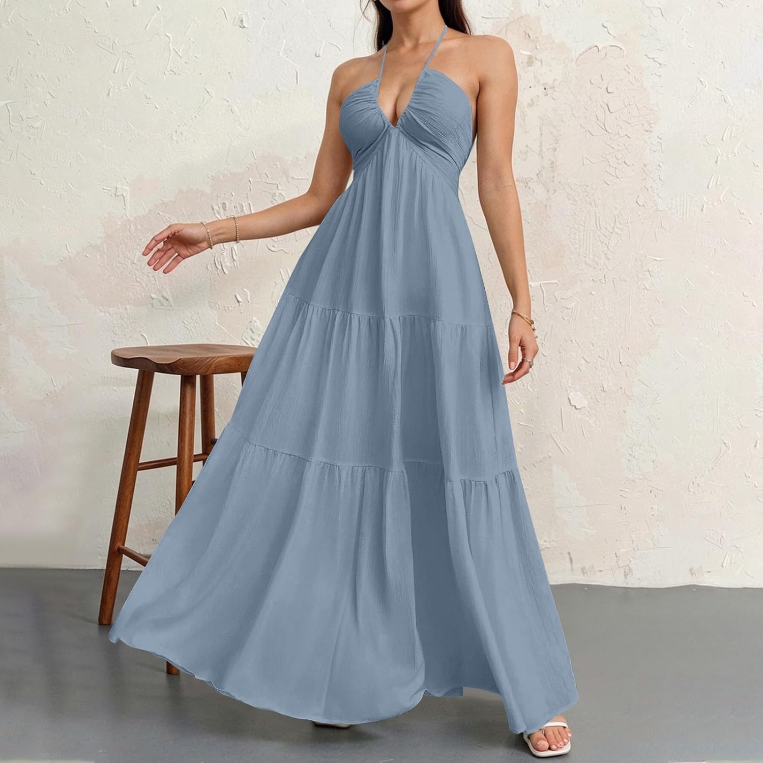 Halter Neck Dresses for Women 2026 Backless Deep V Neck Maxi Sundress a Line Empire Waist Spaghetti Strap Dress - Image 2