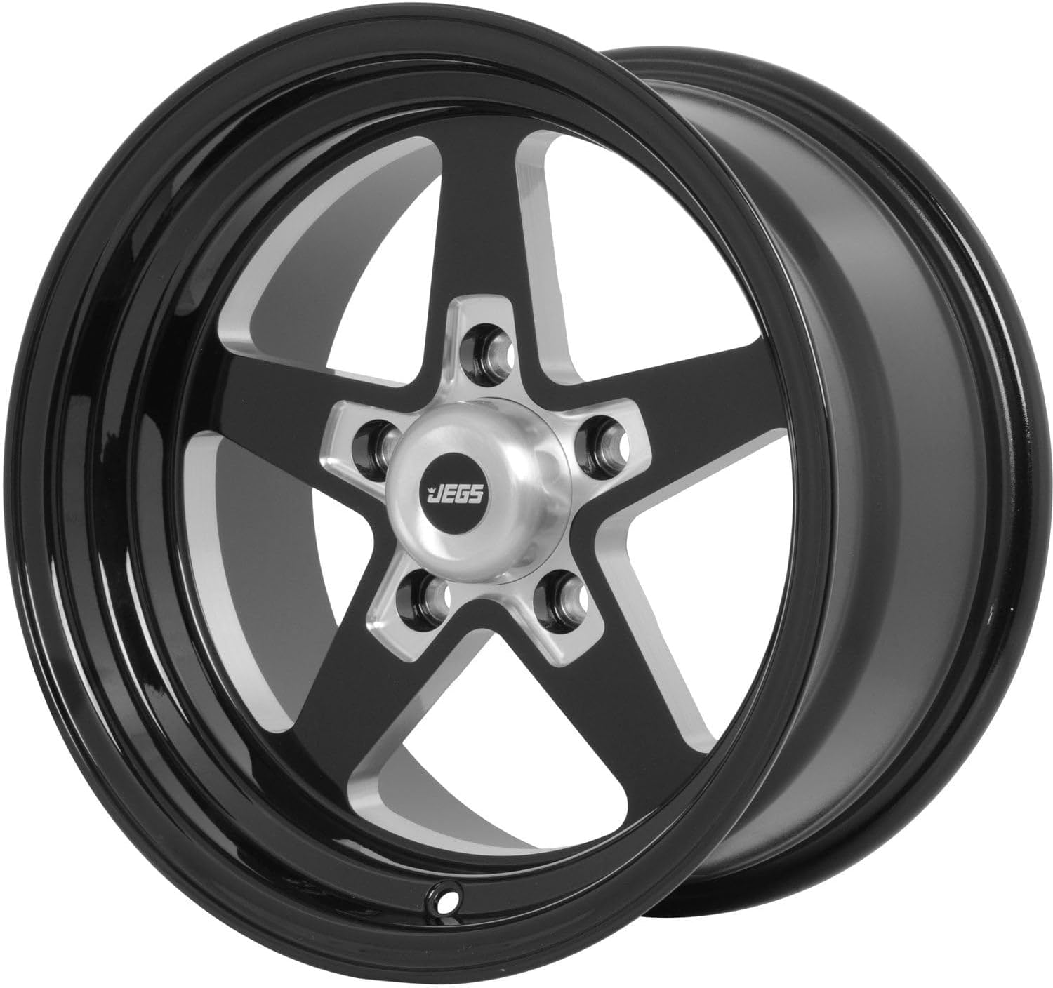JEGS SSR Star Aluminum Wheel 15in.x 8in.| 5 x 4.5in.Wheel Bolt Pattern Spacing | 0 mm Offset | 4.5in.Backspacing | Gloss Black Powder Coat | 3.27in.Center Bore | Includes Center Cap
