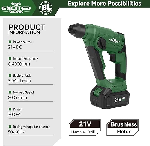 Miniatura 7 de Kit de martillo giratorio inalámbrico de 21 V Max 2.0J con batería de 3.0 Ah, motor sin escobillas y 2 funciones para hormigón, cargador rápido,