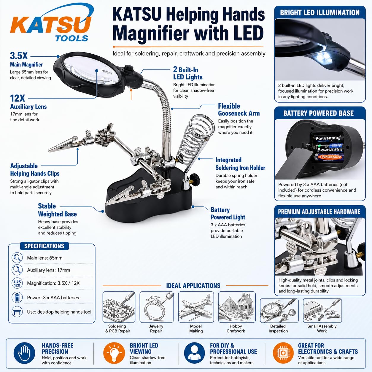 KATSU Lupa para Soldar con Lámpara LED Manos Amigas con Clips Lupa 3.5X 12X Dispositivos de Sujeción para Soldar con Pinzas de Cocodrilo para Trabajos de Reparación de Ensamblaje 990747