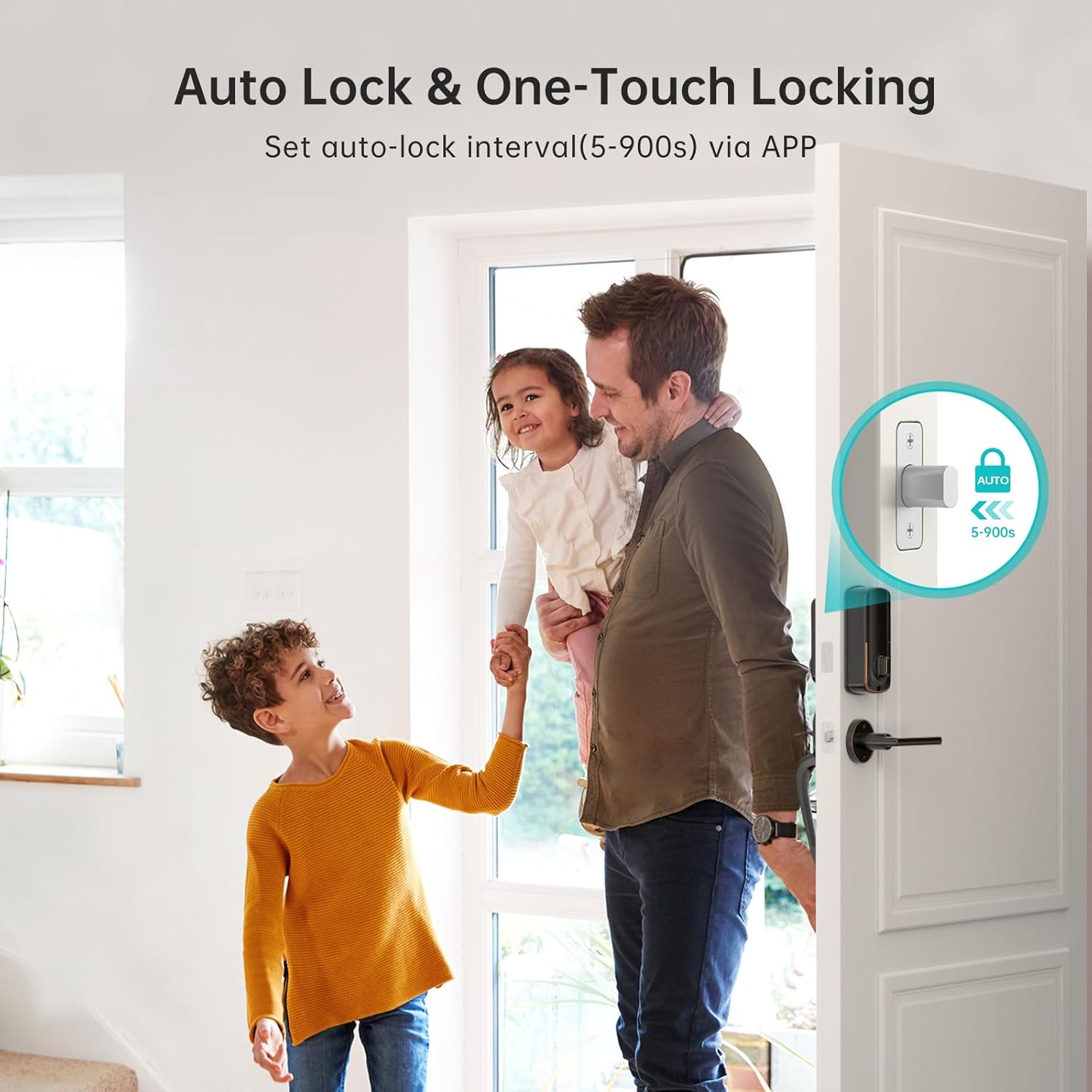 A person using Alexa voice command to unlock the front door, with text bubbles showing 'Alexa, unlock the front door.' and 'The front door is unlocked.'
