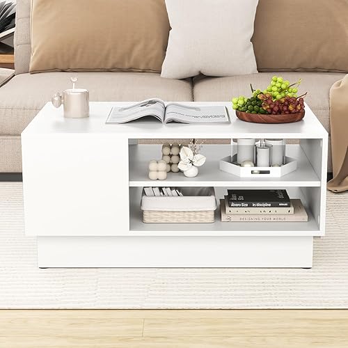 Miniatura 9 de GOFLAME Mesa de centro moderna con almacenamiento, mesa central de madera de 34 pulgadas con estantes de almacenamiento abiertos de 2 niveles, lado