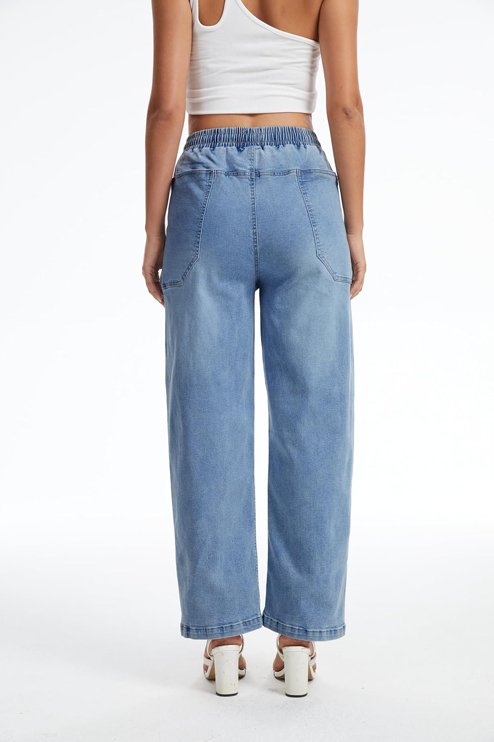 SESERAGI Womens Barrel Stretch Jeans Distressed Drawstring Wide Leg Loose Pull On Denim Jeans Pants - Image 5