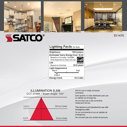 Miniatura 6 de Satco S11470 reflector LED de amplio rango 8.5BR30LED827120V6PK 8.5 vatios BR30 2700K 80 CRI base media 120 voltios regulable para uso en