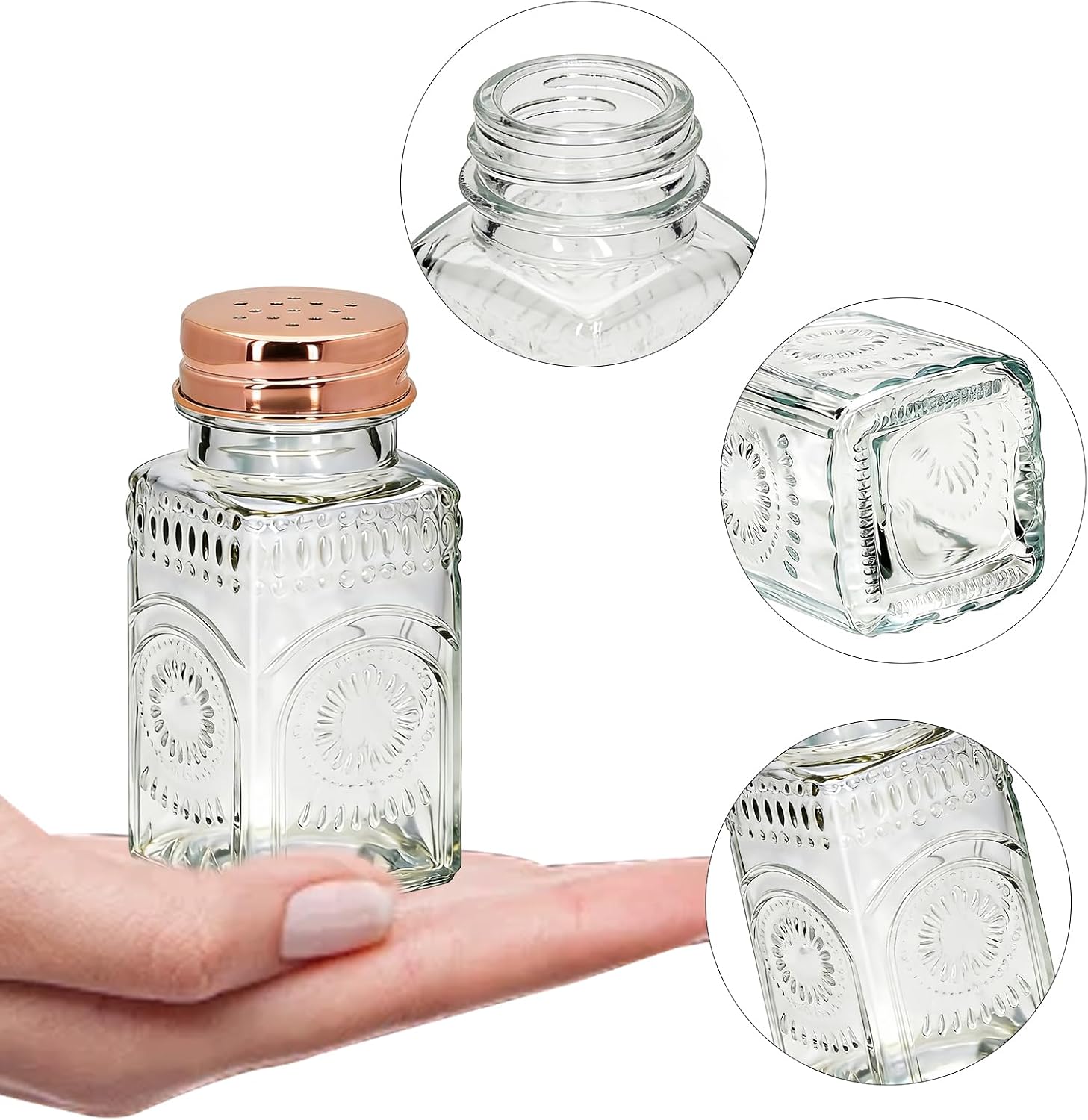2 Pack Sunburst Floral Glass Salt and Pepper Shakers Set, Vintage Spice Shakers for Dining Room Table, Kitchen, Restaurant (Rose gold lid)