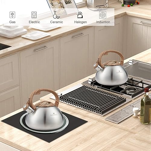 Miniatura 6 de Tetera silbadora con mango de madera y silbato fuerte, acero inoxidable de grado alimenticio para estufas, hervidor de agua (plateado-RW)