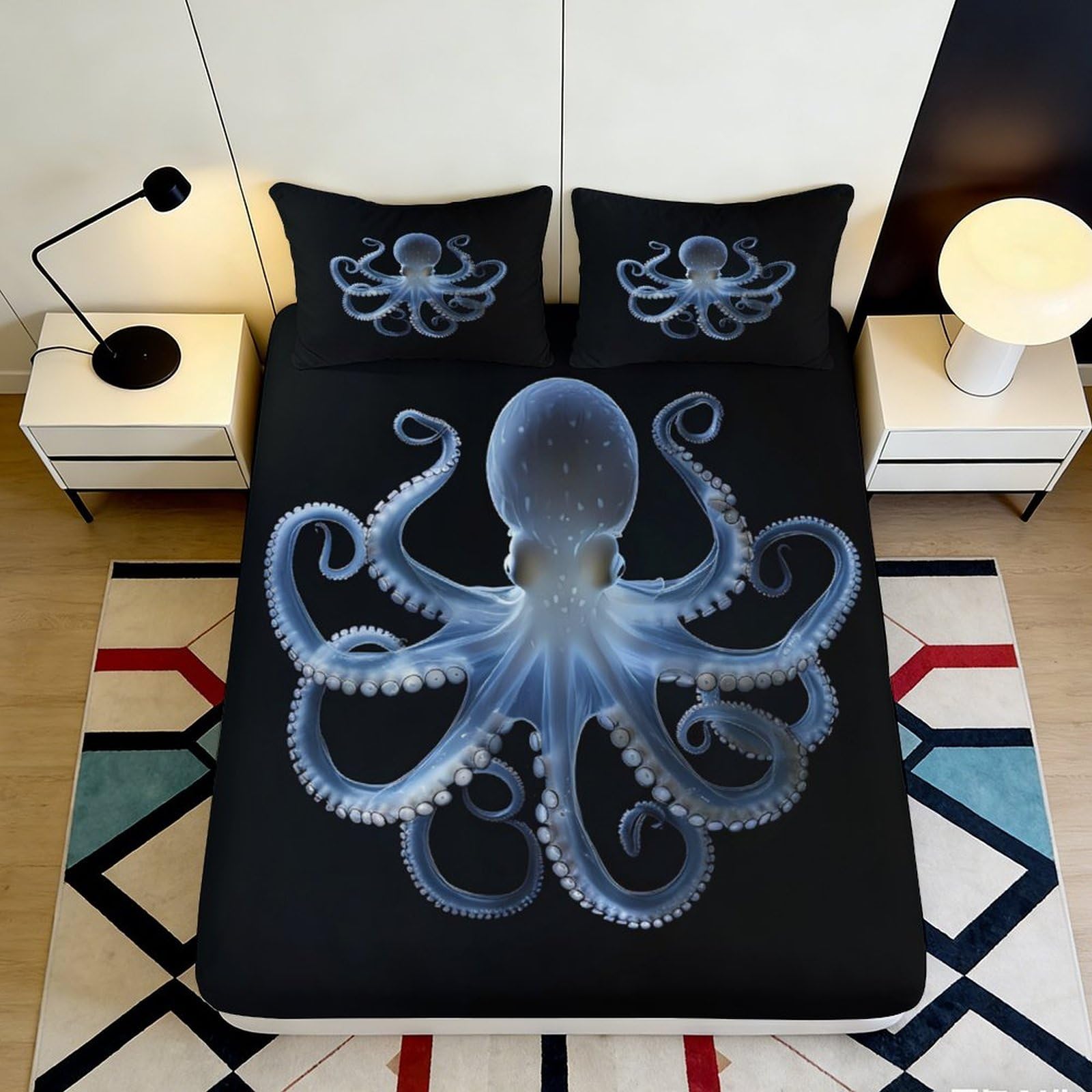3D Printed Blue Octopus Fitted Sheet Microfiber Soft Non-slip Ocean Creature Mattress Cover Bedroom Decor 140x200x25cm