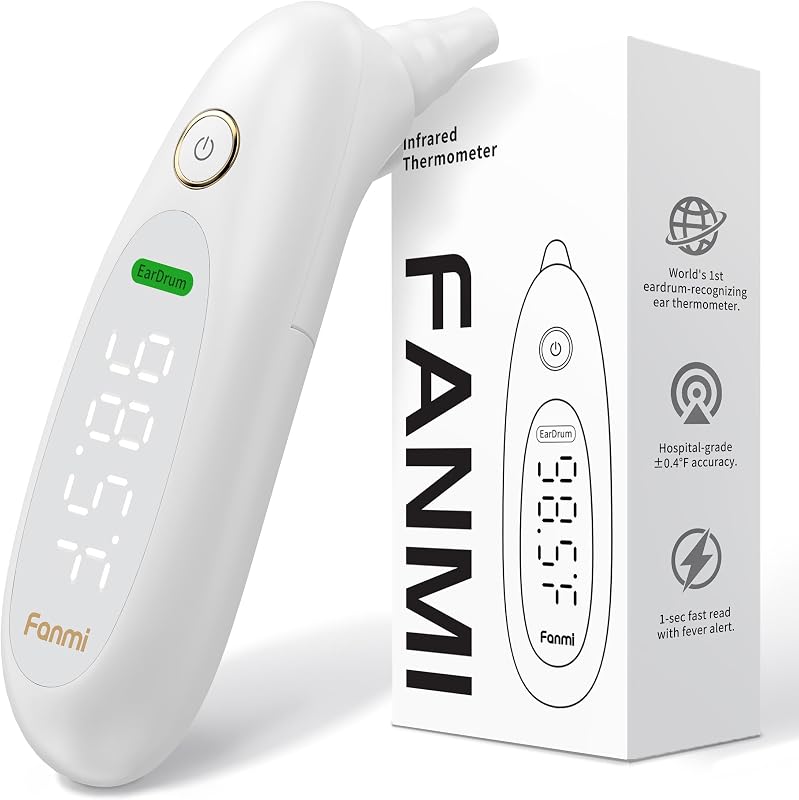 Ear Thermometer for Baby, Kids & Adults, Eardrum Position Detection, 1-Second Reading, Large LED, Fever Alert, Night Light, Batteries Included