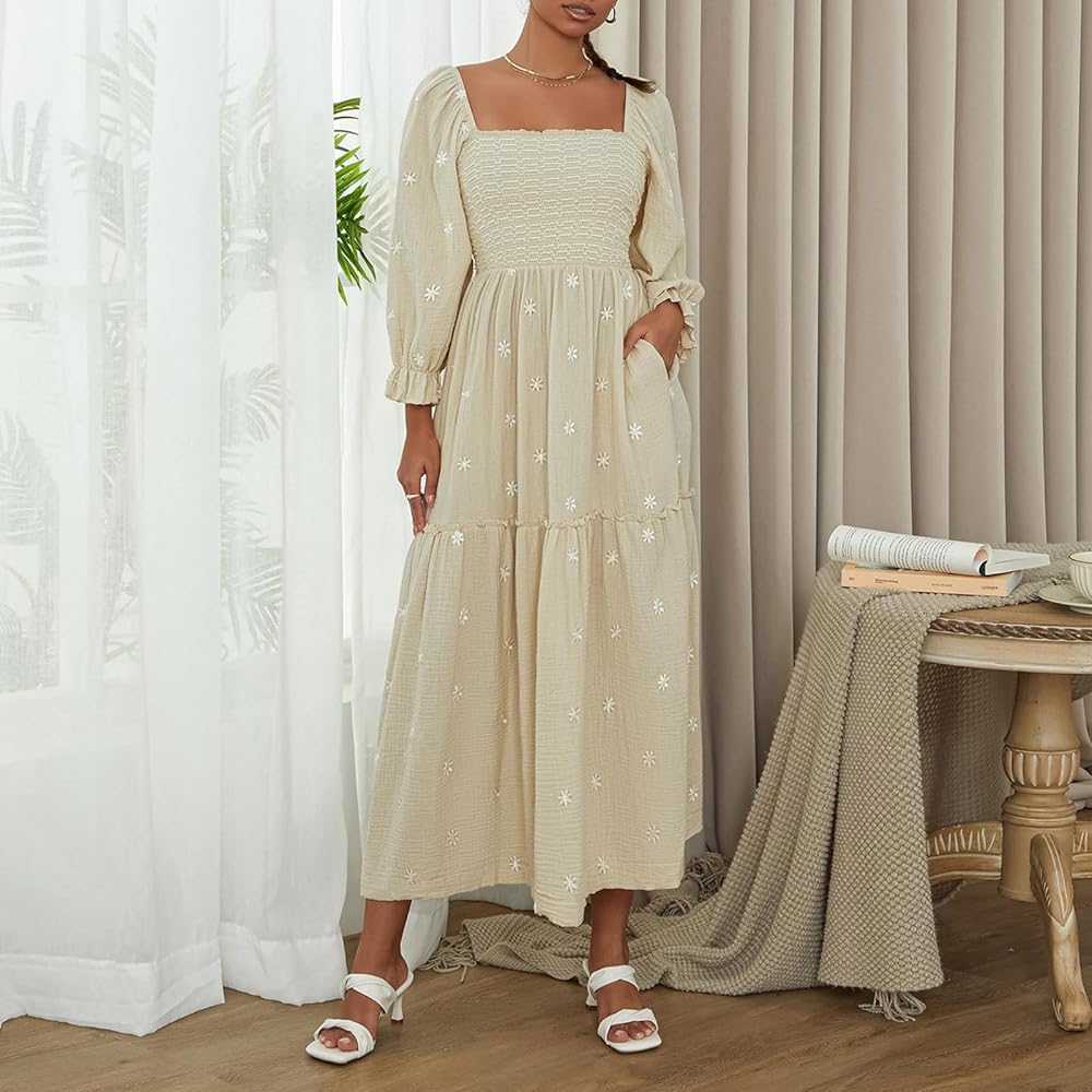 Argeousgor Women 2023 Bohemian Floral Dress Square Neck