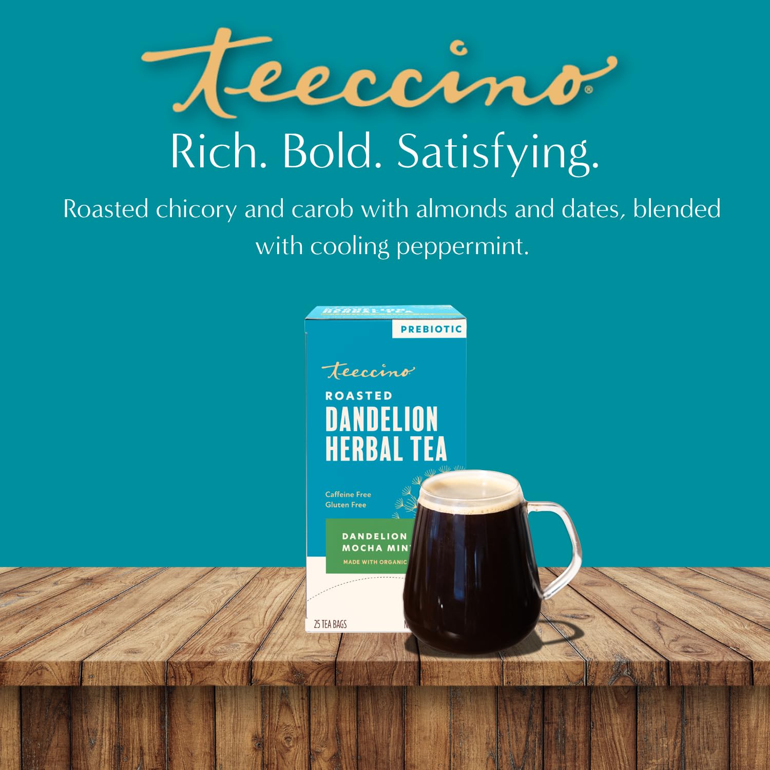 Teeccino Dandelion Root Tea - Mocha Mint - Caffeine Free, Roasted Herbal Tea with Prebiotics, 3x More Herbs than Regular Tea Bags, Gluten Free - 25 Tea Bags