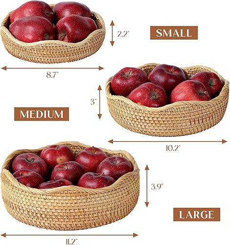 Miniatura 6 de YANGQIHOME Cesta redonda de ratán natural, cestas de almacenamiento tejidas a mano, organizador de mimbre para comedor (juego de 3)