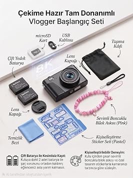 Vıvopack WD300 8K Vlogging Dijital Fotoğraf Makinesi, 88MP 180° Dönebilen Ekranlı Wi-Fi Vlog Kamerası, 18X Zoom Çift Bataryalı, Siyah