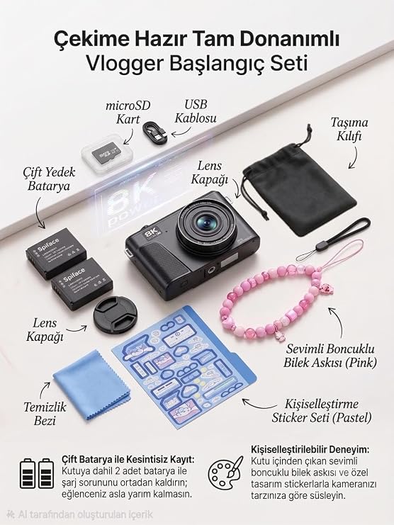 Vıvopack WD300 8K Vlogging Dijital Fotoğraf Makinesi, 88MP 180° Dönebilen Ekranlı Wi-Fi Vlog Kamerası, 18X Zoom Çift Bataryalı, Siyah