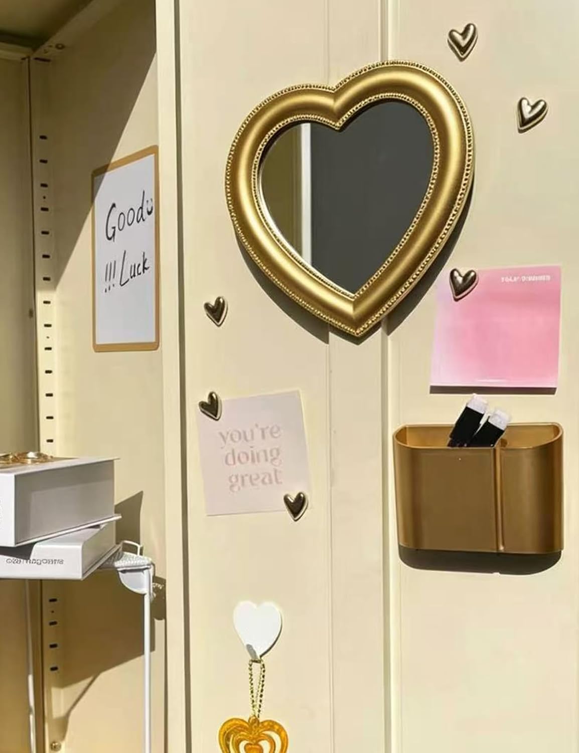 Gold Magnetic Locker Mirror, 6.9"x7.3" Heart Mirror for School Locker, Small Real Glass Magnetic Makeup Mirror for Girls, Cute Locker Decorations for Fridge Office Cabinet Gym Lockers Accessories image 5