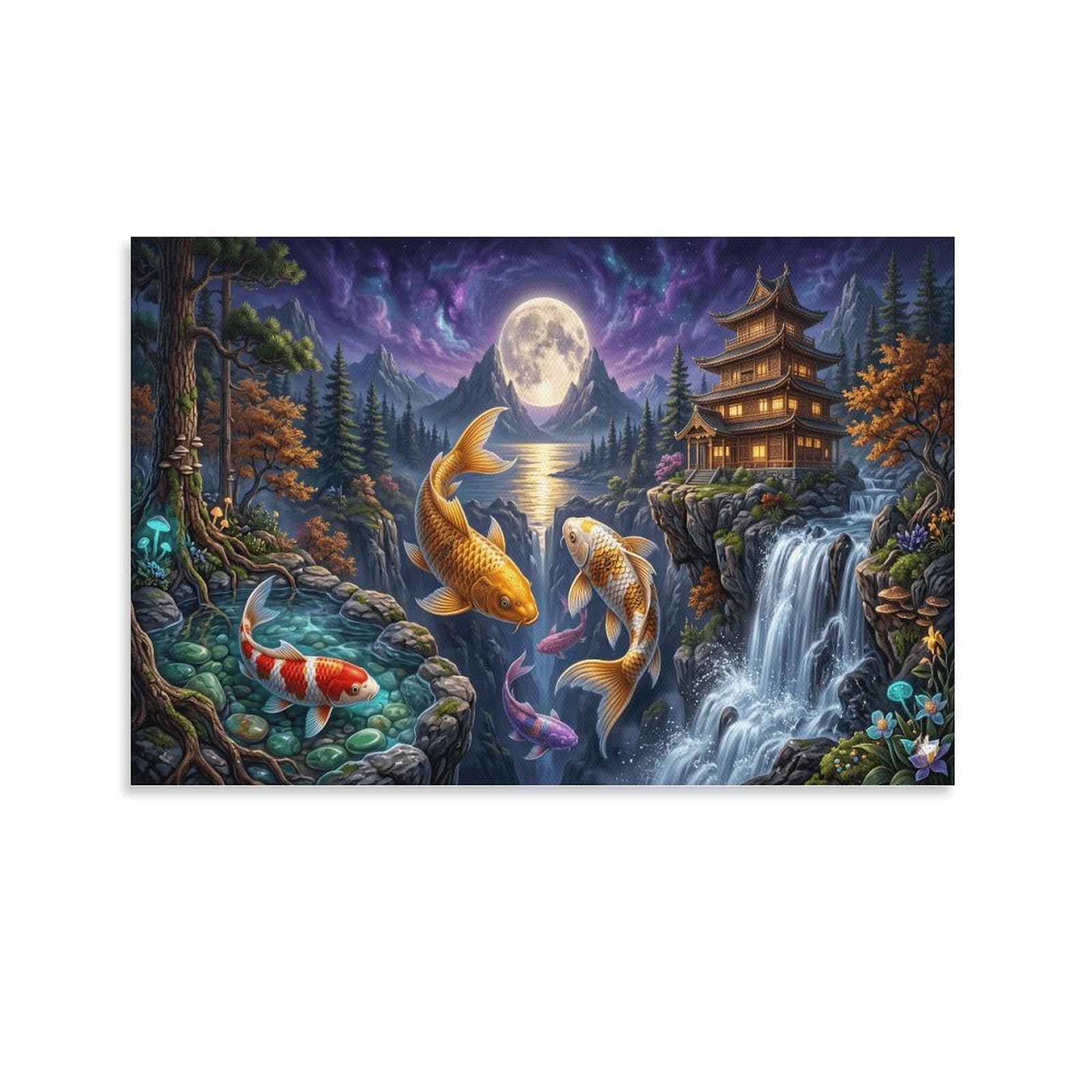 XPASHIQWC Koi Fish Wall Decor Poster Moonlit Ancient Pagoda Canvas Prints Picture Modern Wall Art Picture Wall Hanging for Home Decorations 20x30inch(50x75cm)