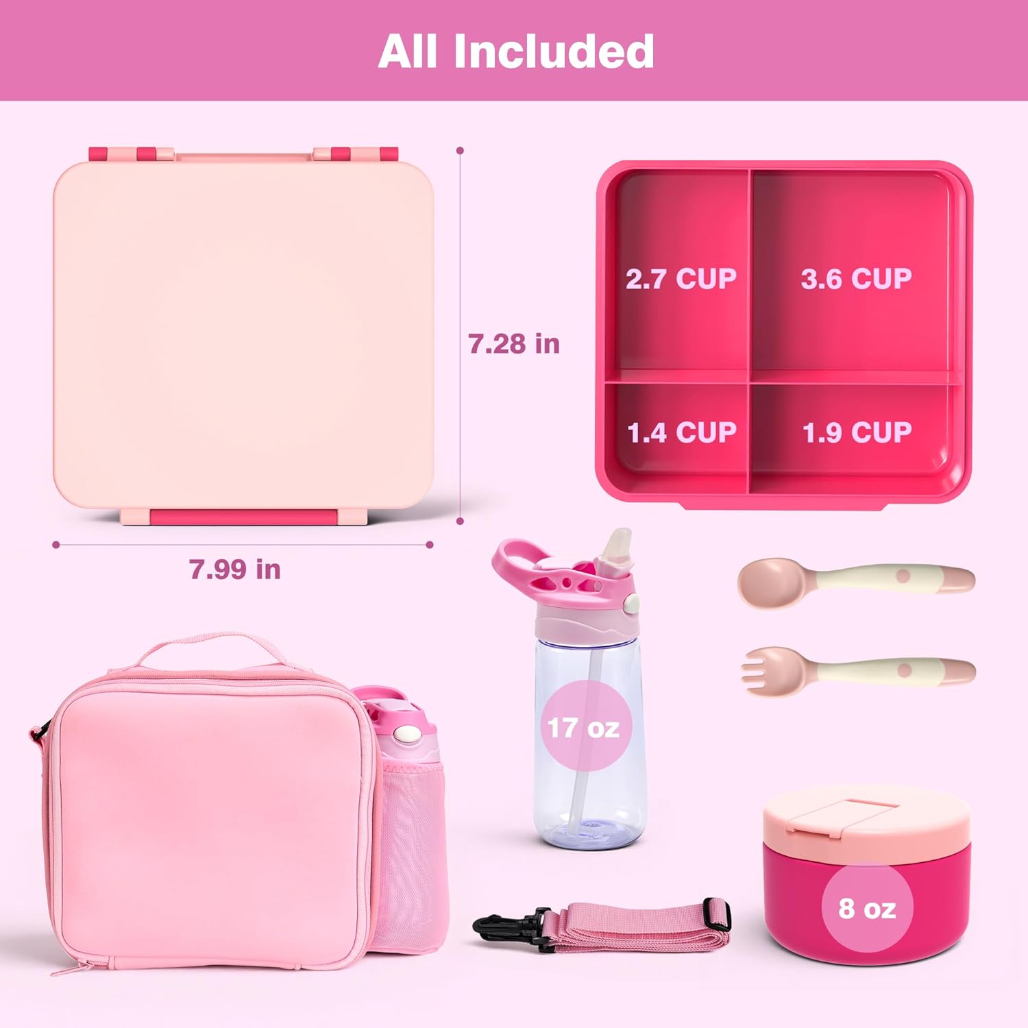 HOMEKOL Bento Box for Kids: Kids Toddler Lunch Box for Girl Boy - with Insulated Food Jar, Water Bottle, Lunch Bag, Pink