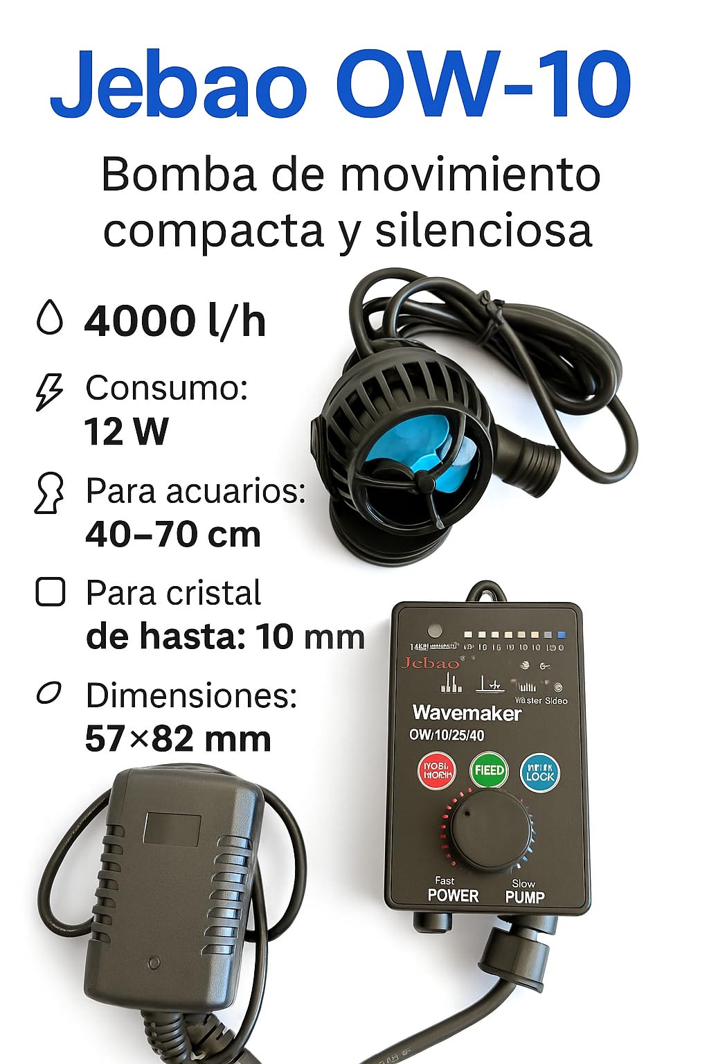 Jebao Bomba de Movimiento OW-10 para Acuario – 4000 L/h – Controlador de Flujo, Modo Onda, Funcionamiento Silencioso, Bajo Consumo, Ideal para Acuarios Marinos y Dulces, Adecuada para Acuicultura