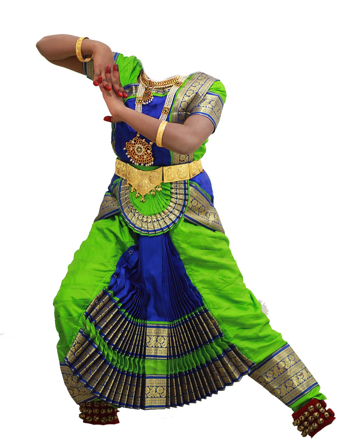 Mudra Dance Costumes Classical Bharatnatyam Readymade Blue and Green Silk Cloth Women and Kids Dress for Fancy Dress, Costume Competitions, School Dance Events, Annual Functions