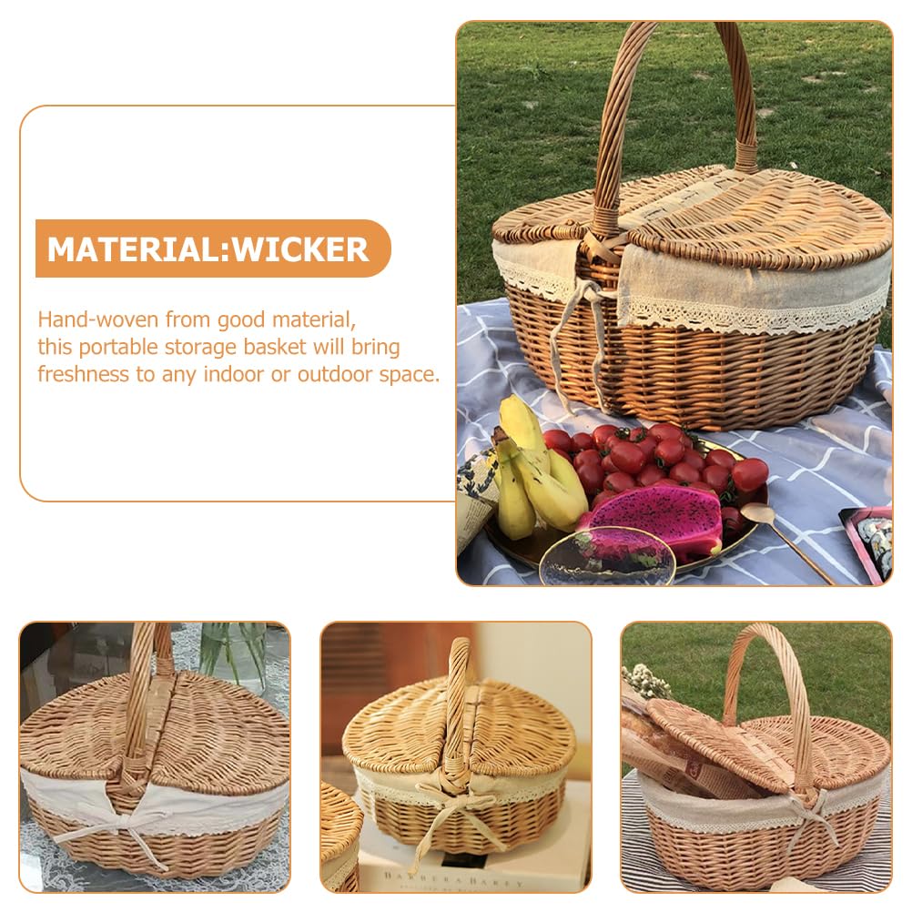 Garneck Picknickkorb mit Deckel Einkaufskorb Geflochten Pilz Obst Brot Rattan Weiden Mit Henkel Geflochtener Blumen für Outdoor Picknick 35CM