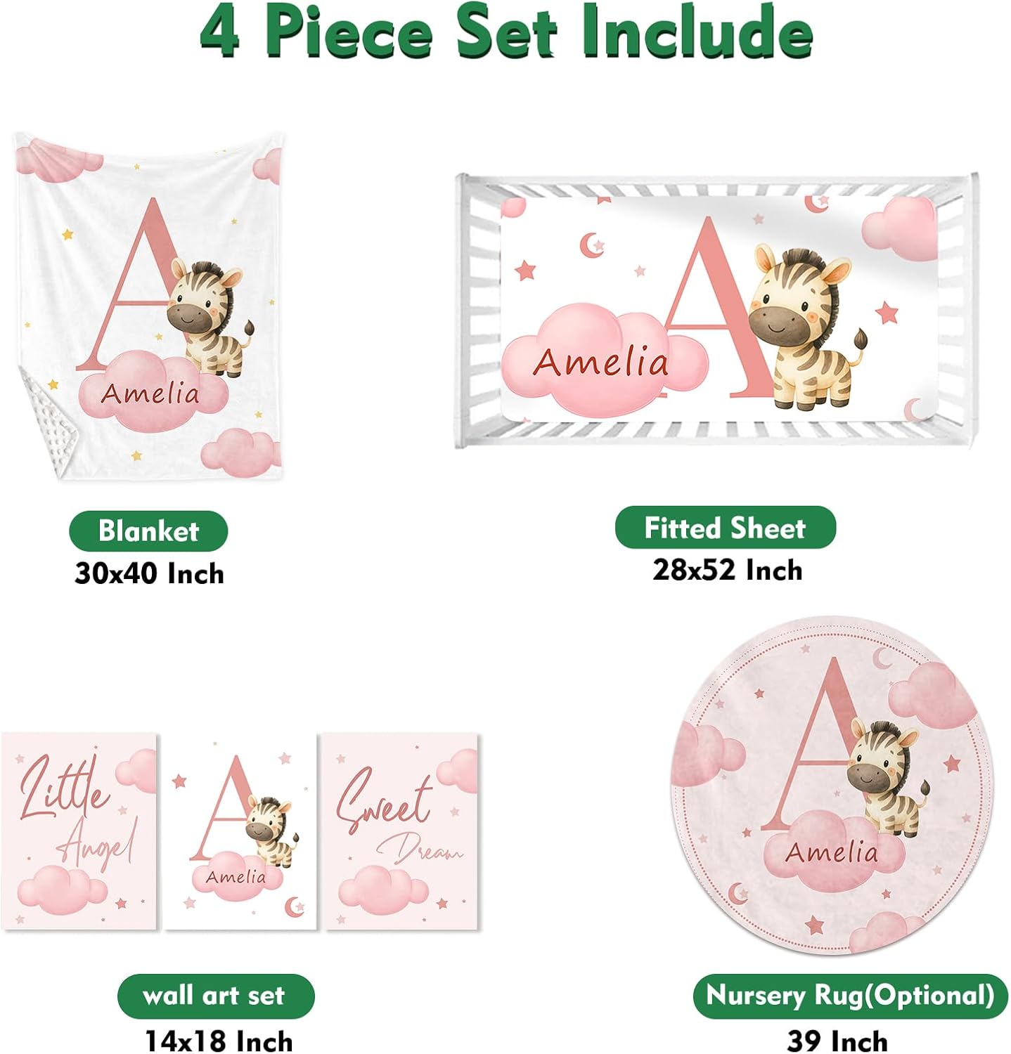 Personalized Crib Bedding Set for Baby Girls, Custom Name Nursery Bedding 4 Pcs Set - Baby Blanket, Fitted Sheet, Room Rug & Wall Art, Pink Zebra Theme Crib Set for Nursery Decor