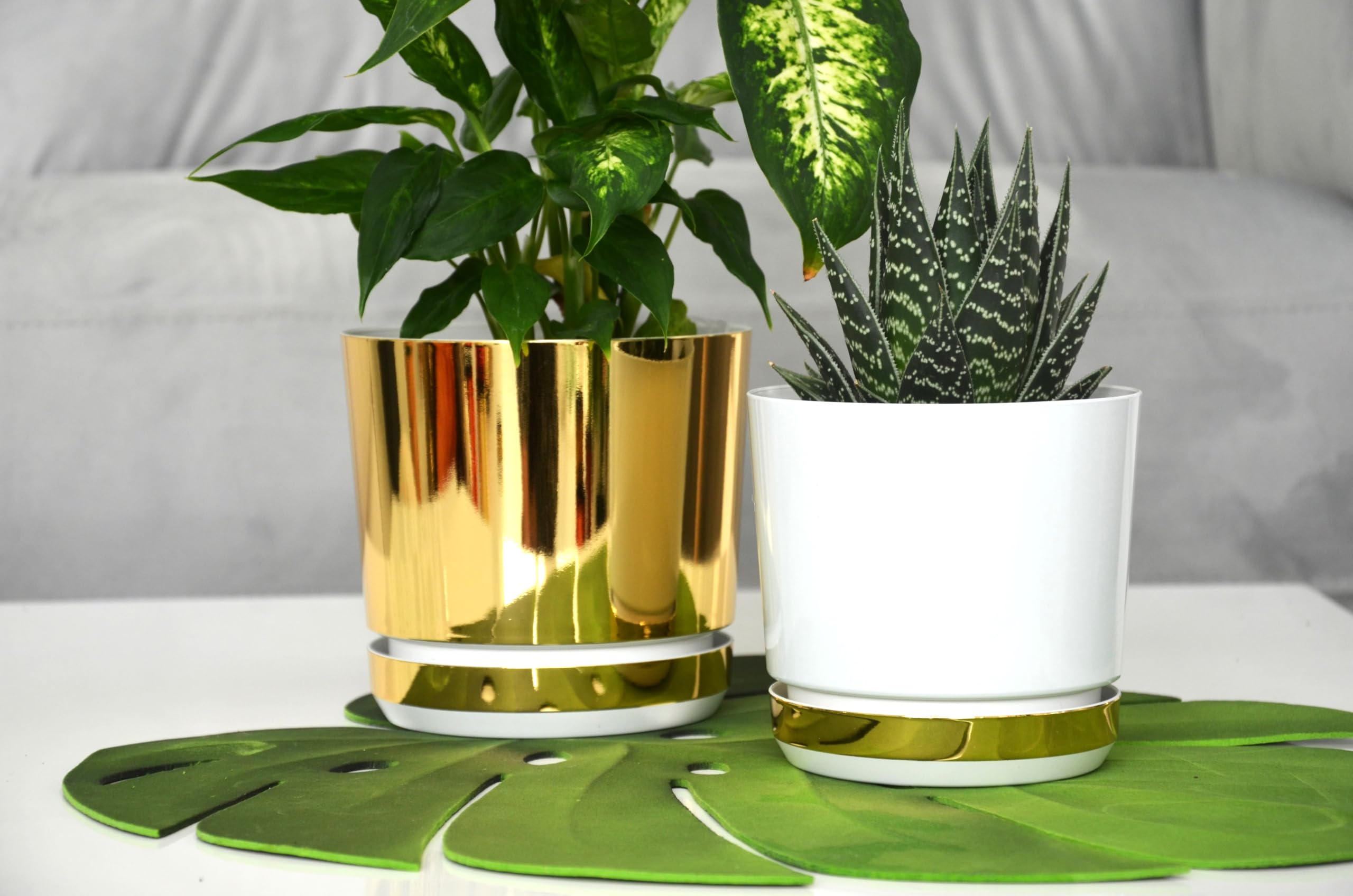 KERD Très Grand Pot de Fleurs 32 cm, Style Glamour Couleur Or Champagne, Finition Brillante pour Plantes, Rond avec Soucoupe, Fabriqué en Europe, Plastique Recyclé