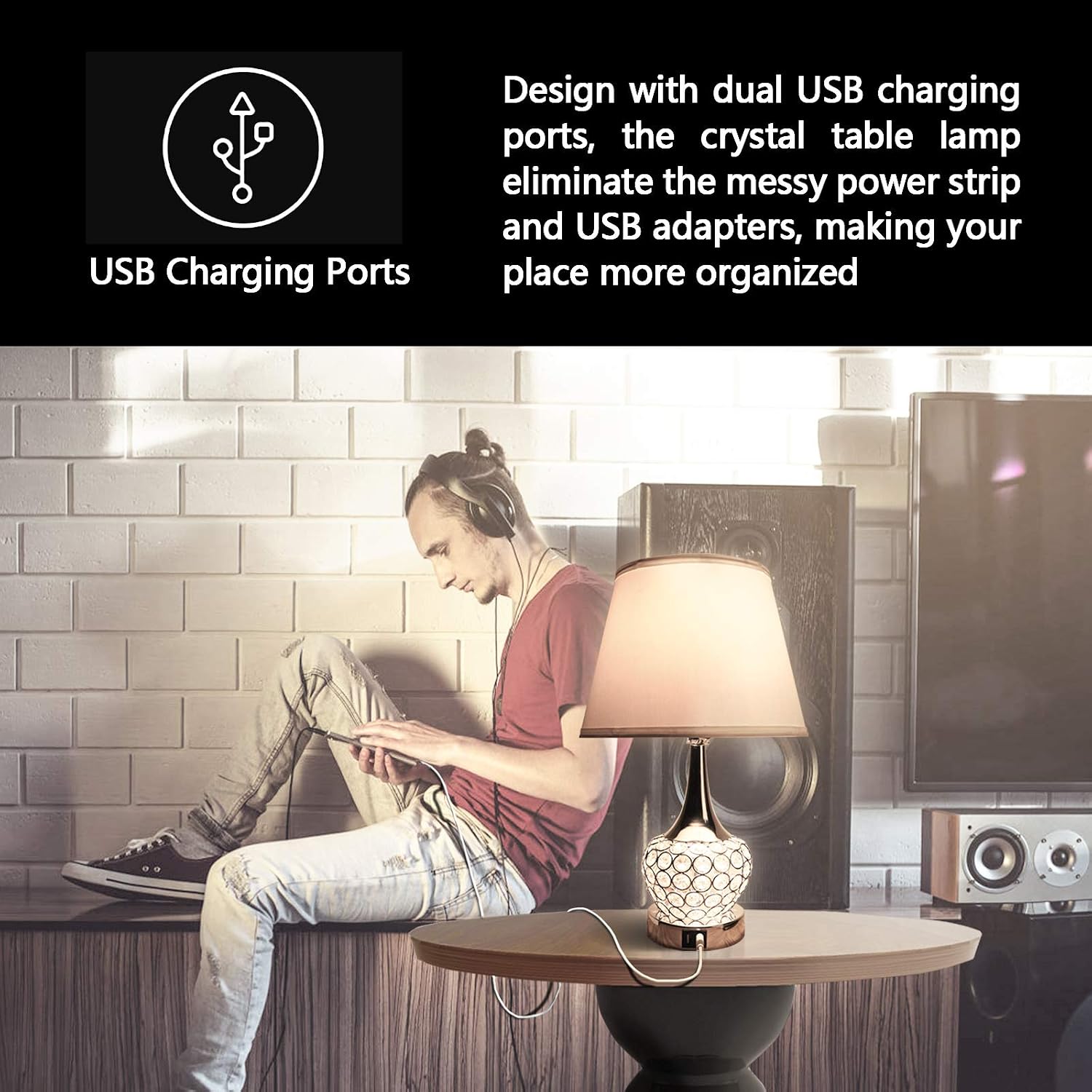 Opoway Crystal Table Lamp, Bedside Nightstand Lamp with Dual USB Ports, Modern Table Lamp 4 Way Switch Decorative for Bedroom, Living Room, Dressing Room, A19 6W LED Bulb Included
