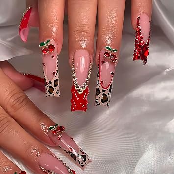 Red French Tip Press on Nails Long Square Shape with Cherry and Flower Design for Women 24pcs