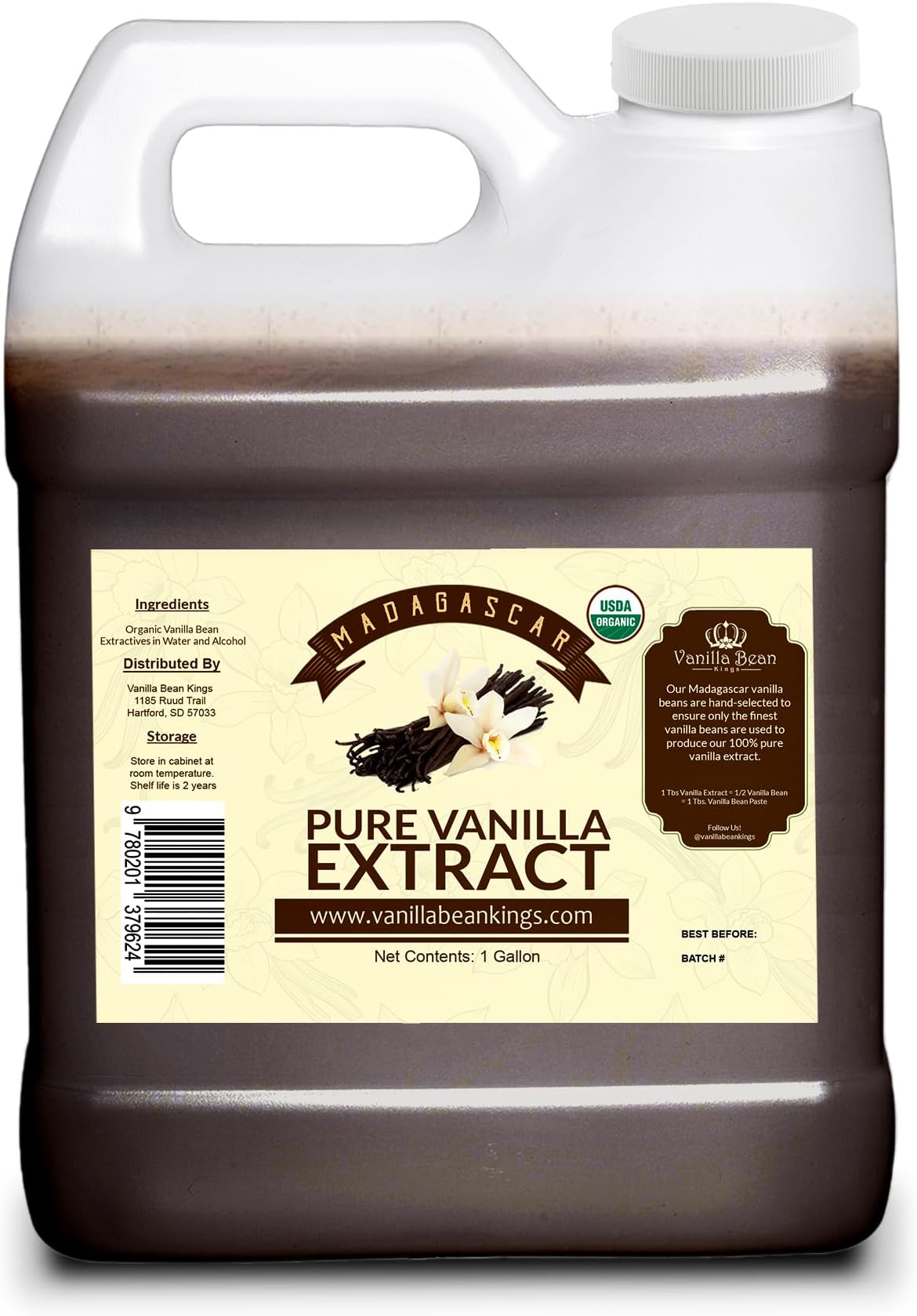 Vanilla Bean Kings Pure Vanilla Extract - Made with Madagascar Vanilla Beans - 1 Gallon – For Baking, Desserts, Home Cooking and Chefs, Brown