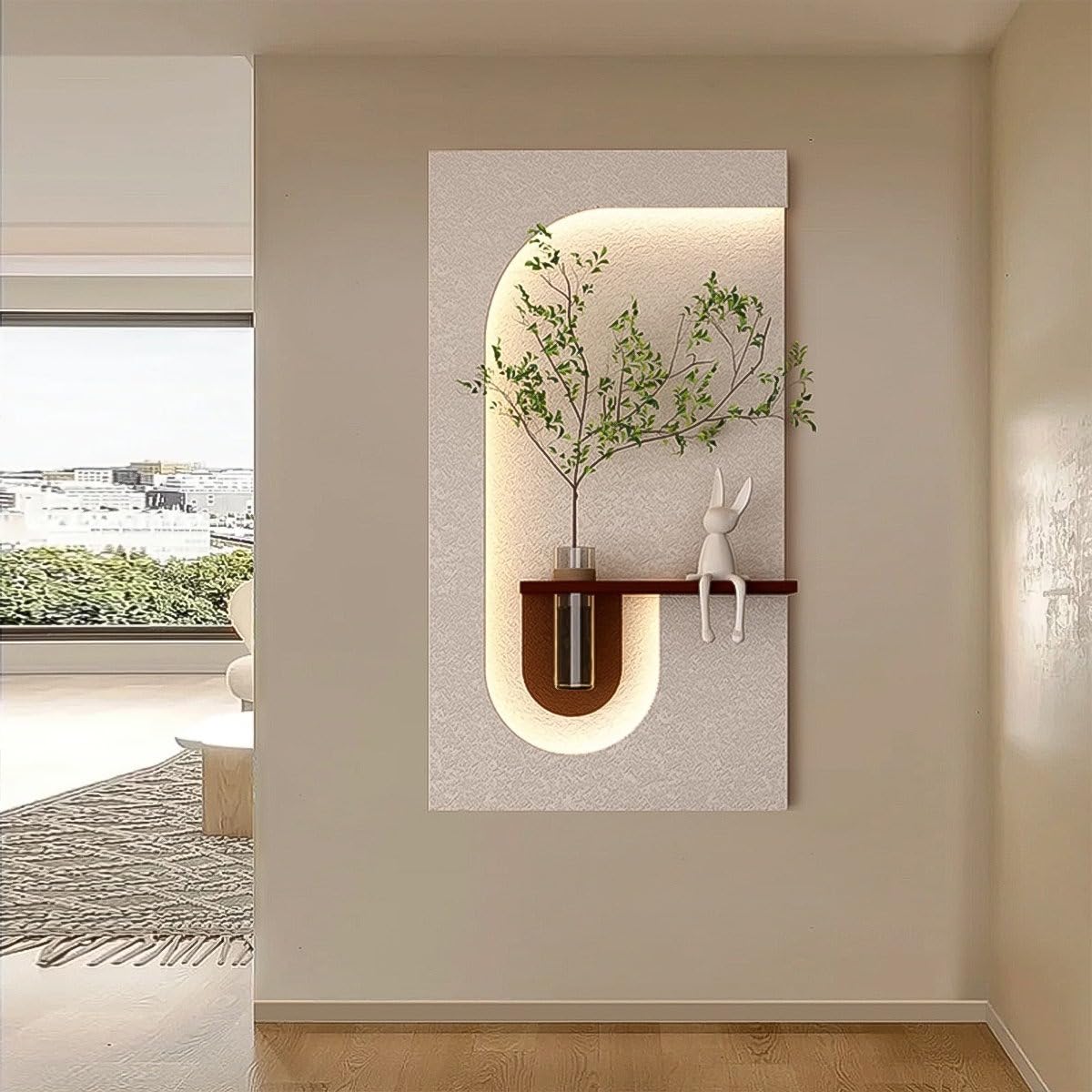 Modern LED Wall Art with Glass Vase, Solid MDF Board, Entrance Foyer Decorative Painting, with Warm LED Light, Wall LED Decor Light (Model-2)-image-10