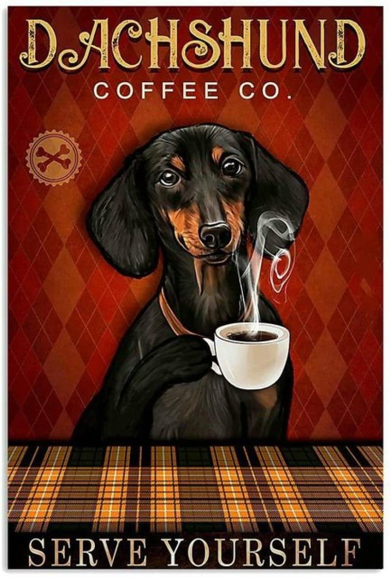 peiyeety Metal Tin Sign Vintage Dachshund Coffee Co Art, Retro Coffee Themed Wall Decor, Funny Pet Metal Art for Kitchen, Dining Room, Bar, Cafe,8x12 Inch