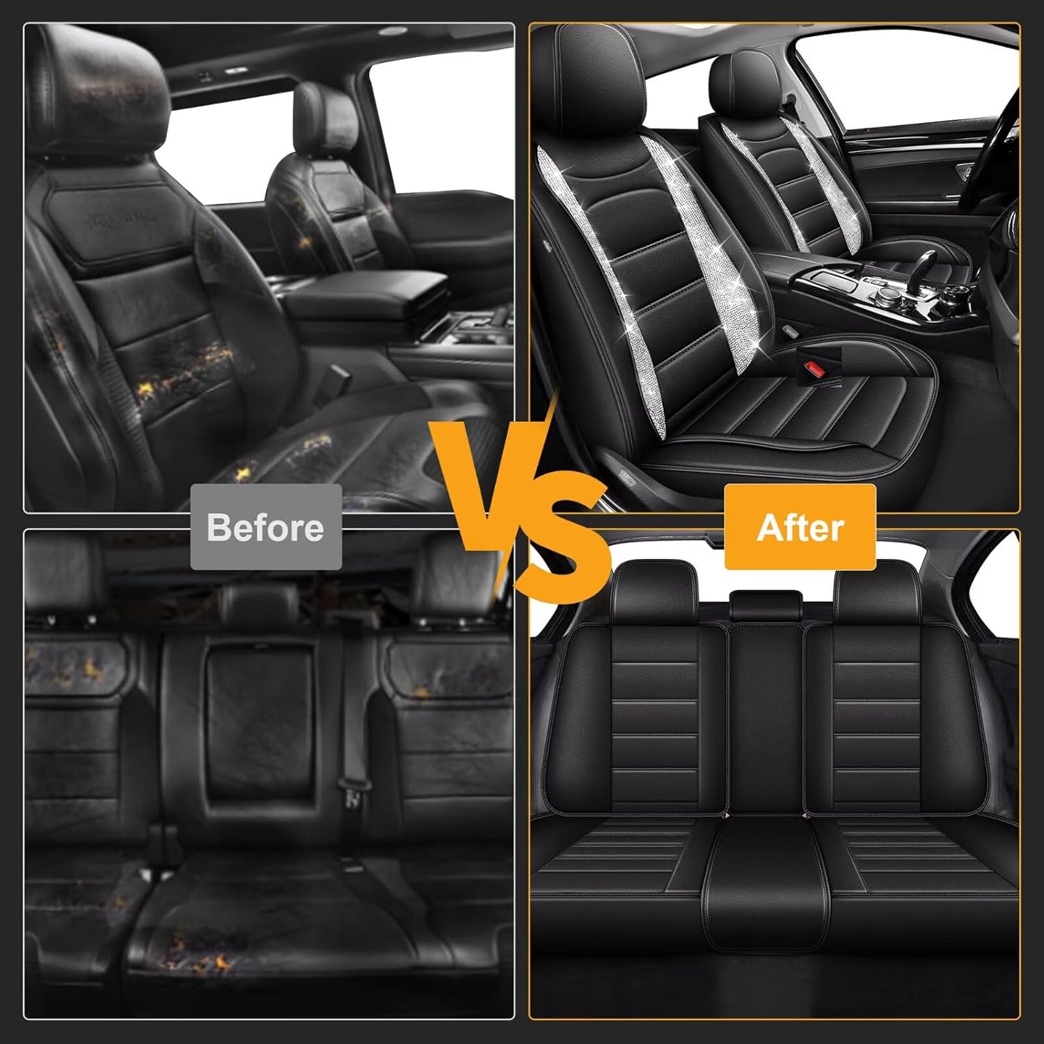 Diamond Car Seat Cover Full Set Fit for Toyota Tacoma 2016-2023 Bling Women Auto Interior Covers Black Vehicle Seat Protector