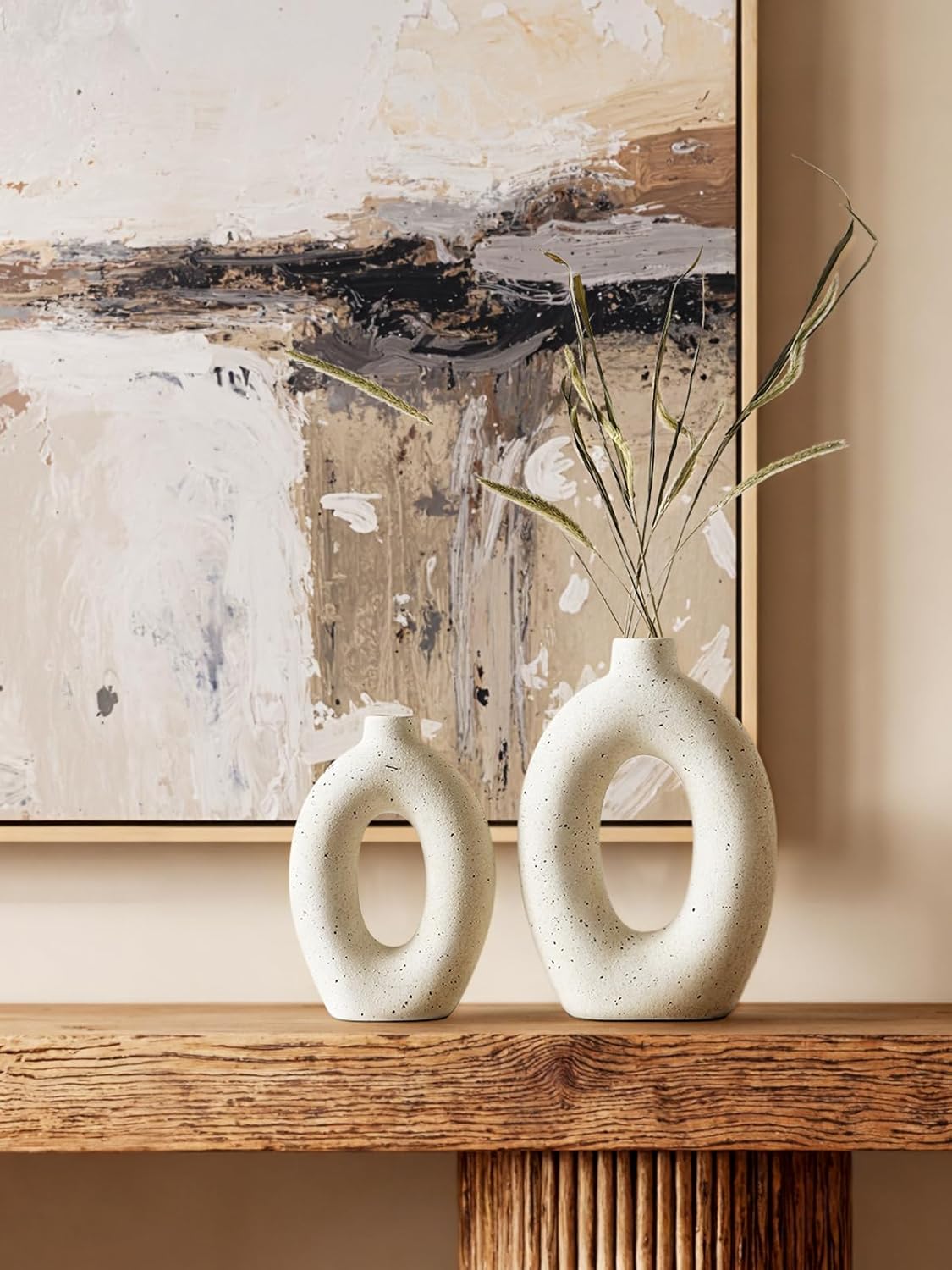 LE TAUCI Ceramic Vases Set of 2, 10.5” & 8.5” Hollow Donut Flower Vases, Nordic Decor Decorative Centerpiece for Living Room, Entry Table, Shelf, Mantel, Ivory Speckled (Beige White)