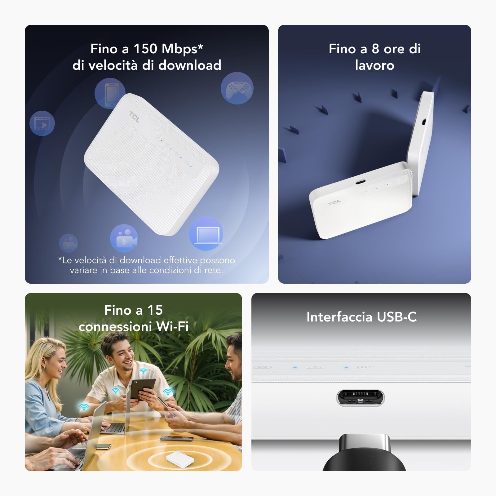 TCL LINKZONE MW45L - Wi-Fi mobile 4G LTE portatile, con velocità di 150 Mbps, connettività a 15 dispositivi e durata della batteria di 8 ore.
