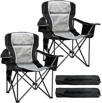 Camping Chairs for Adults Heavy Duty 500lbs Capacity, High Back Folding Chair with Thickened Steel Frame, Padded Portable Outside Chair with Cooler Bag, Cup Holder & Side Pocket, Black, 2 Pack